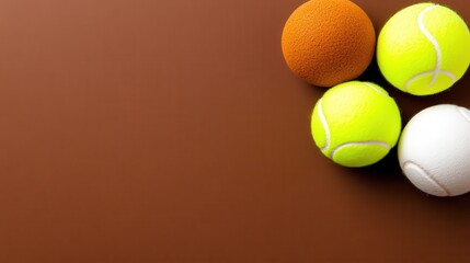Three Tennis Balls and One Fuzzy Ball on Brown Background