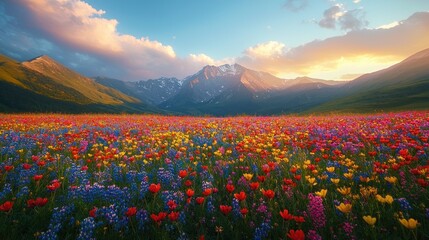 Fototapeta premium Vibrant flower field stretches to majestic mountains at golden hour