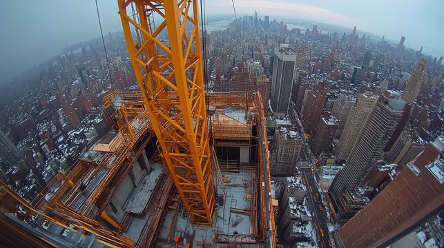 Crane, city construction, winter, aerial view, Manhattan