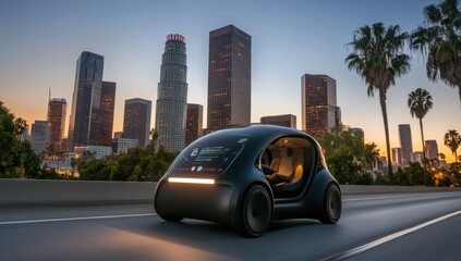 Naklejka premium Futuristic electric vehicle on city street at sunset