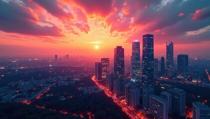 Obraz premium A modern cityscape skyline at sunset, representing the vast scope of enterprise architecture , buildings, development