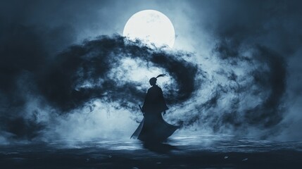 Mysterious figure in silhouette against a full moon backdrop