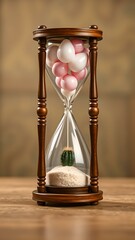 Bizarre contrasts: Balloons and a cactus in a wooden hourglass.
Concept: Allegories, metaphors, symbolism