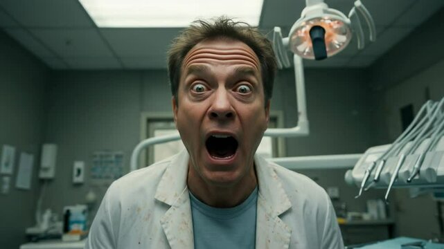 Frenzied Male Dentist in Scrubs Expressing Intense Emotion in a Clinical Setting, Surrounded by Dental Equipment and Operating Lights