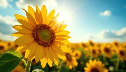 Obraz premium Close-up of a vibrant sunflower, petals unfurling towards the sun , energy, bloom
