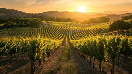Naklejka premium Golden hour landscape of a vineyard with rows of vines.