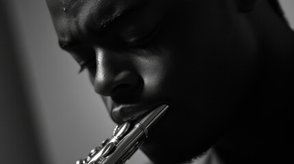 A musician playing a wind instrument with closed eyes