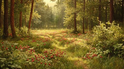 Obraz premium A sunlit forest glade filled with wildflowers.