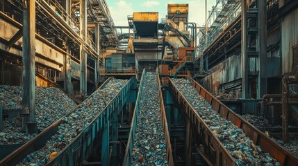 Industrial machinery transports debris along conveyor belts inside the factory