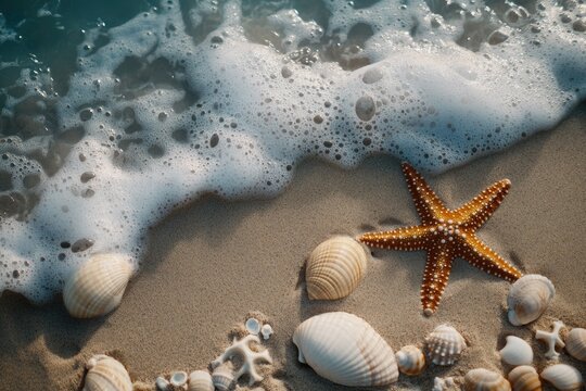 Sandy shore with seashells and starfish
