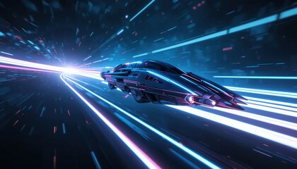 A futuristic space ship is flying through a bright blue and red light show