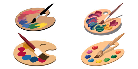 palette and brushes, Paint palette and brushes. Painting color pallette, creative drawing tool. Artistic supplies, oil colour pallet on wooden board, artist accessory. Flat vector illustration.