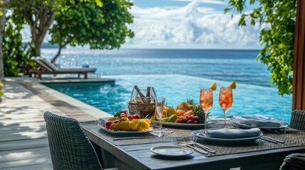Obraz premium Relaxing poolside dining with tropical drinks and scenery