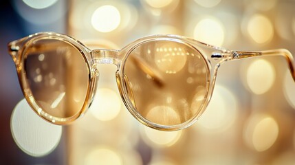 Stylish clear framed sunglasses with tinted lenses on display bokeh background