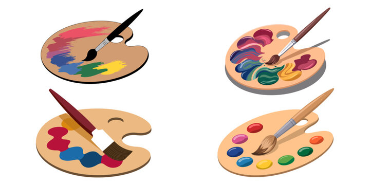 palette and brushes, Paint palette and brushes. Painting color pallette, creative drawing tool. Artistic supplies, oil colour pallet on wooden board, artist accessory. Flat vector illustration.