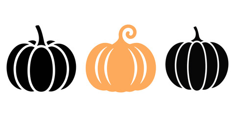 different shaped round pumkin flat design vector white background, Pumpkin, autumn vegetable. Ripe round crop, fall seasonal harvest for Halloween. Orange food, October eating, natural healthy squash