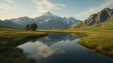 Fototapeta premium Scenic Mountain Lake Reflection with Snowy Peaks Green Hills and Clear Sky at Daytime in Natural Light