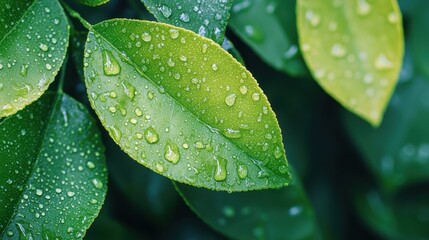Fototapeta premium Fresh Green Leaves with Water Drops Close Up in Natural Setting, Nature, Beauty, and Refreshing Vibes