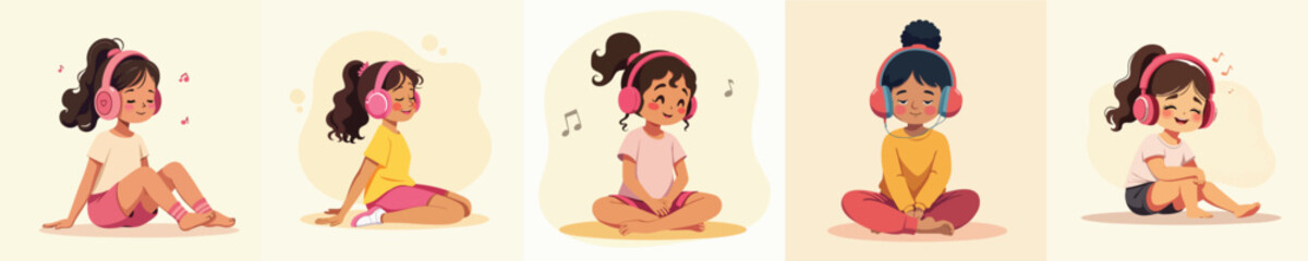 Cute Diverse Kids Listening to Music with Headphones – Vector Illustration for Education, Relaxation & Technology