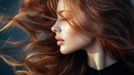 Naklejka premium Profile of a woman with flowing hair against a blurred background