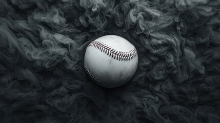 Isolated Baseball on Dark Smoke Background with Dramatic Lighting and Textured Atmosphere for Sports Visuals