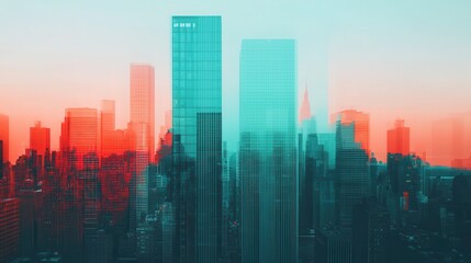 Fototapeta premium Urban skyline view with colorful overlay and modern skyscrapers in the city at sunset with a dreamy atmosphere