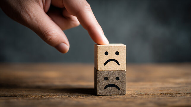 Sad mood concept with wooden blocks and a finger touching the top block expressing negativity feelings