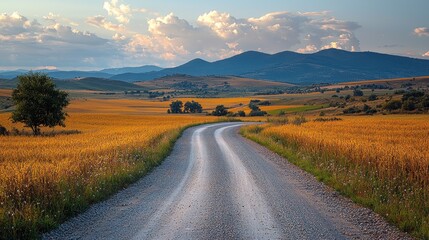 Country road through golden fields, mountains in the background