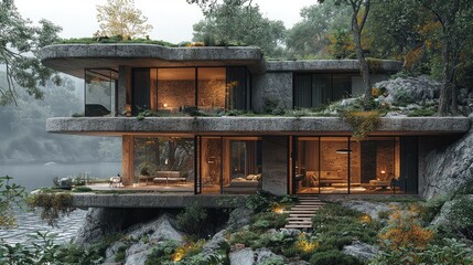 Modern concrete house nestled in a forest overlooking a lake