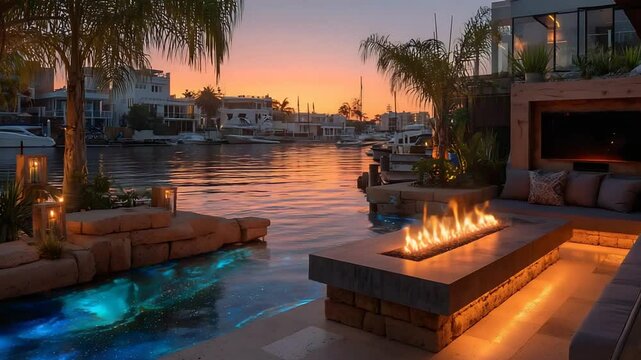 Luxurious waterfront patio with fire pit and infinity pool.  Stunning sunset views