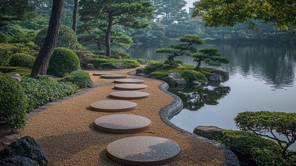 Serene Japanese garden path winding by a lake. Lush greenery, stone circles, tranquil scene
