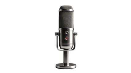 Vintage microphone podcast studio recording audio equipment sound broadcast retro mic silver device on transparent background