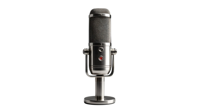 Vintage microphone podcast studio recording audio equipment sound broadcast retro mic silver device on transparent background