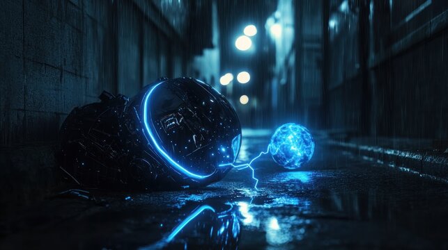 Futuristic robot in a rain-soaked alley with glowing orb