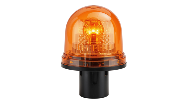 Orange warning light beacon emergency safety hazard alert signal indicator flashing rotating strobe attention 100 on transparent background