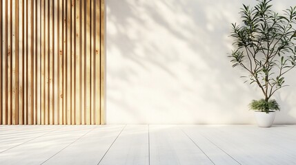 Minimalist outdoor space with wooden wall and plant. Sunny, modern, and serene patio design