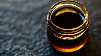 A transparent glass jar filled with a dark liquid contents