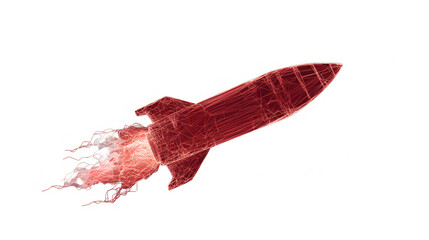 Futuristic Red Wireframe Rocket with Fiery Trail on Transparent Background