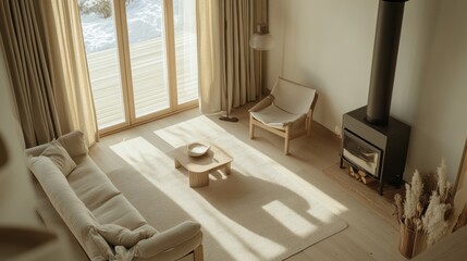 Cozy living room with sunlight, wooden furniture, and winter view