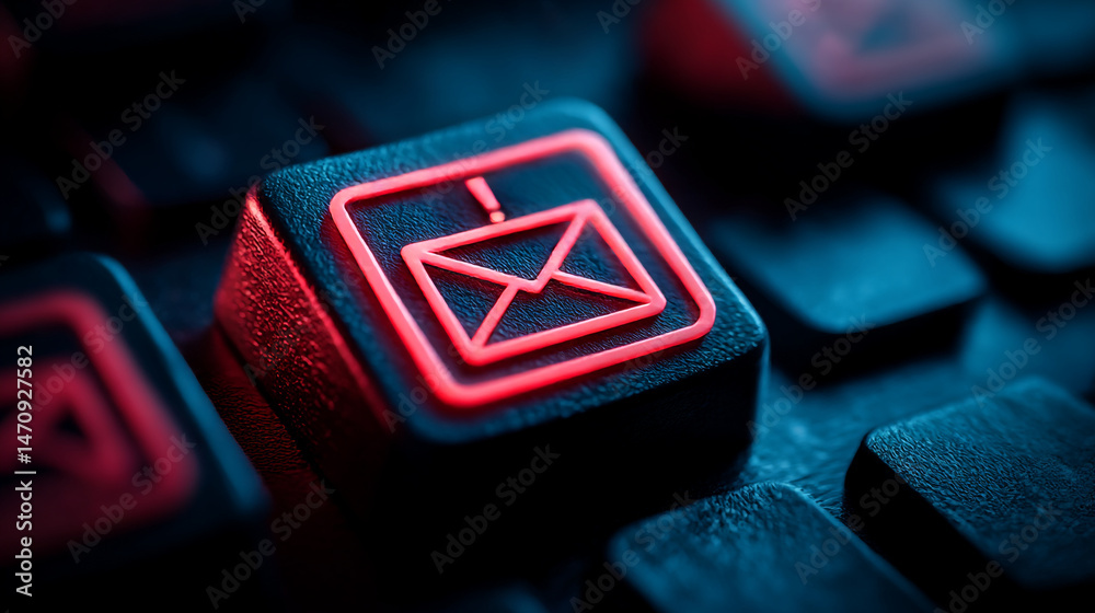 Poster email notification button on keyboard for urgent message alerts and spam warning sign concept design