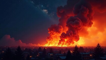 Fiery inferno raging in the night sky, dramatic flames and smoke , forest fire, glow, fire