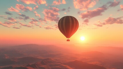Obraz premium Hot air balloon flying over foggy mountains at sunrise. Great for travel ads, adventure concepts, and a peaceful getaway.