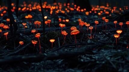 Beautifully glowing mushrooms add a magical touch to the dark forest, creating an enchanting and captivating sight in the natural environment. These fungi emit a soft, radiant light that stands out ag
