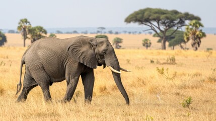 Fototapeta premium African Elephant in Grassy Field with Trees