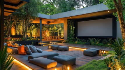Fototapeta premium Serene Outdoor Cinema Oasis: Tranquil Seating and Lush Landscaping Design