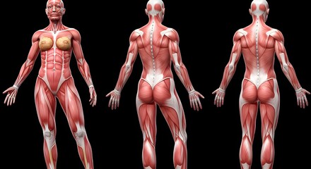 Anatomy Illustration of Female Muscular System Front and Back Views