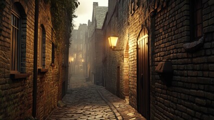 Fototapeta premium Brick Alleyway with Cobblestone Street and Lamppost