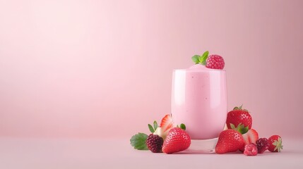 Delicious pink cake surrounded by fresh strawberries and macarons, perfect for dessert displays or celebration themes.