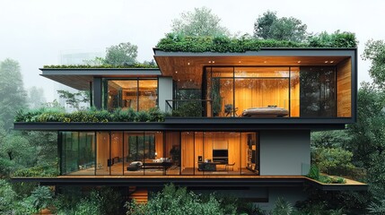 Modern eco-friendly house nestled in lush greenery