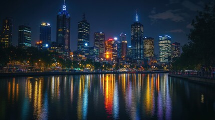 City Skyline at Night Reflected in River Water